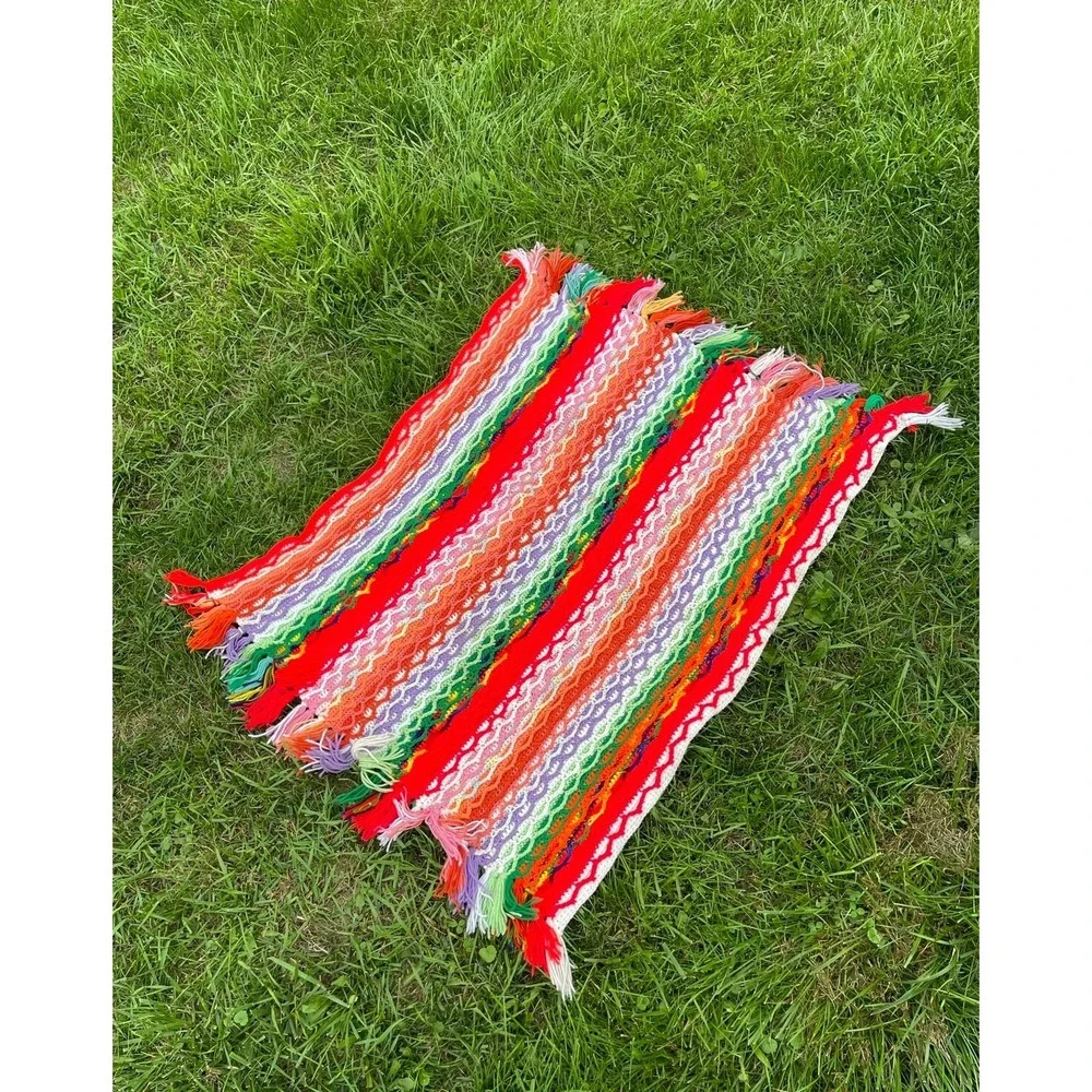 VTG Boho Striped Rainbow Hand Knit Crochet Blanket Throw Afghan 38x47 Reversible